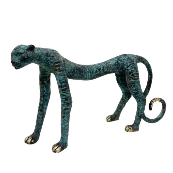Long Cheetah Bronze Sculpture – Blue Gold Polish